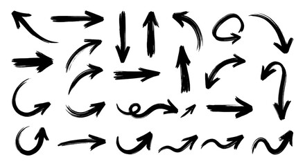 Fototapeta premium Hand drawn brush arrows vector collection for design projects graphic elements sketchy ink pointer symbols sketch design