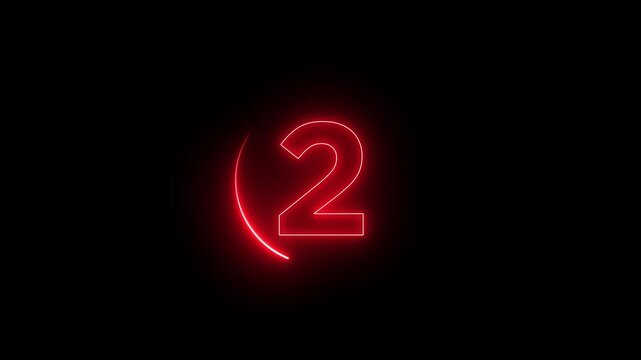 Neon bright glowing countdown timer from 5 to 0 seconds. .Neon Countdown on black background. Neon bright glowing countdown timer