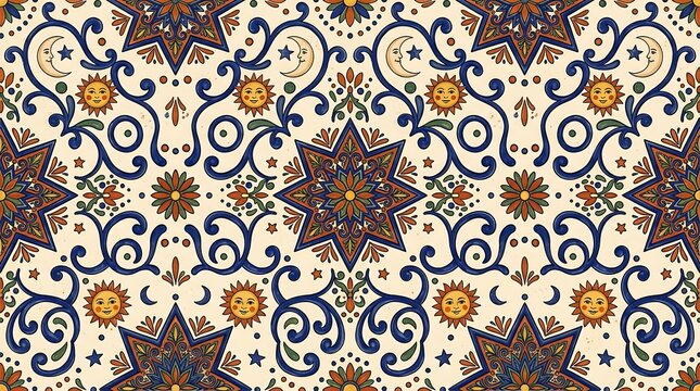 Ornate seamless celestial pattern with sun moon and star motifs
