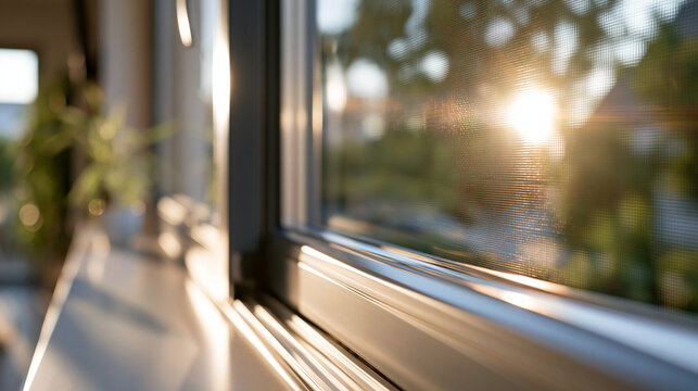 Modern sliding window with a mosquito screen in a bright clean interior daylight streaming through the mesh blurred greenery outside sliding window insect screen home