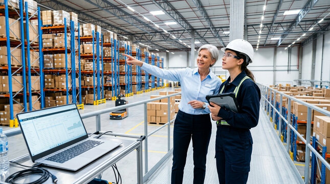 Senior warehouse manager pointing at storage racks while discussing logistics with female worker in safety gear holding tablet near laptop workstation in distribution center.