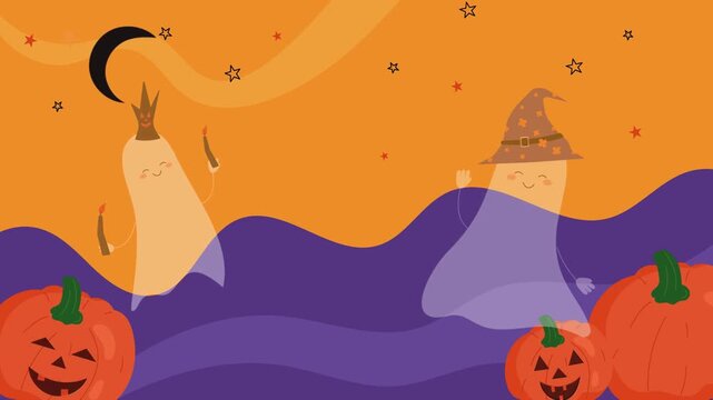 Animated Halloween illustration featuring a cute ghost and a glowing pumpkin moving