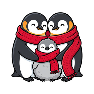 Cute Penguin Family Huddling in One Red Scarf
