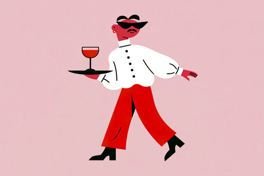 Stylish waiter serve cocktail at bar in retro illustration