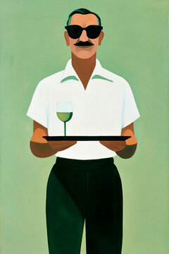 Stylish waiter holding tray with wine glass at bar