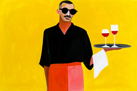 Stylish waiter serve wine at bar on yellow background