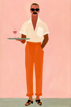 Stylish waiter serving cocktail at a retro bar