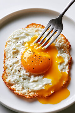 Fried egg with runny yolk and fork on white plate