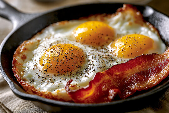 Fried eggs and bacon in cast-iron skillet for breakfast