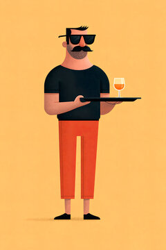 Mustached waiter serving wine at a bar illustration