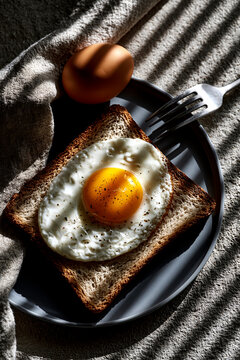 Fried egg on toast with fork in dramatic sunlight