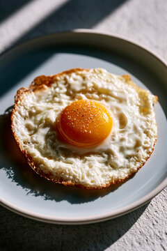 Fried egg with golden yolk on ceramic plate