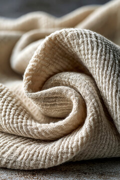 Beige woven cotton fabric swirl close-up textured textile