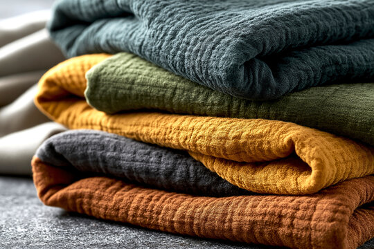 Folded textured fabric stack in warm neutral colors