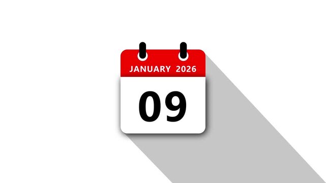 January 9 Daily Calendar. Red Theme on White Background.January 2026 Calendar Icon Animation, New Year Date Flip,Modern Desk Calendar,Clean Minimal Schedule Reminder Event Planning,Time Management