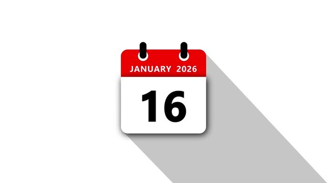January 16 Daily Calendar. Red Theme on White Background.January 2026 Calendar Icon Animation, New Year Date Flip,Modern Desk Calendar,Clean Minimal Schedule Reminder Event Planning,Time Management