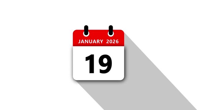 January 19 Daily Calendar. Red Theme on White Background.January 2026 Calendar Icon Animation, New Year Date Flip,Modern Desk Calendar,Clean Minimal Schedule Reminder Event Planning,Time Management