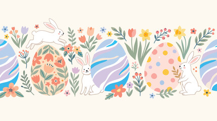 Obraz premium Easter Bunny and Spring Eggs Vector Seamless Border Collection