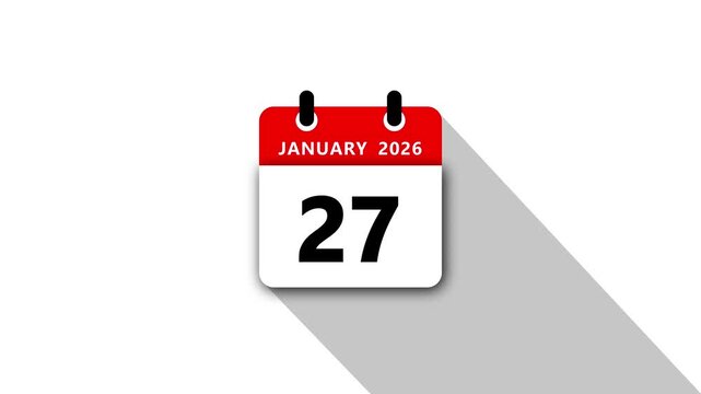 January 27 Daily Calendar. Red Theme on White Background.January 2026 Calendar Icon Animation, New Year Date Flip,Modern Desk Calendar,Clean Minimal Schedule Reminder Event Planning,Time Management