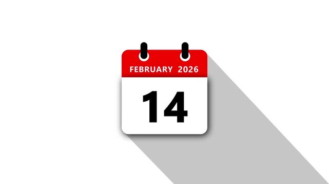 February 14 Daily Calendar. Red Theme on White Background.January 2026 Calendar Icon Animation, New Year Date Flip,Modern Desk Calendar,Clean Minimal Schedule Reminder Event Planning,Time Management