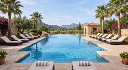 Fototapeta premium Luxurious outdoor swimming pool with sun loungers and palm trees in a stunning Mediterranean resort.