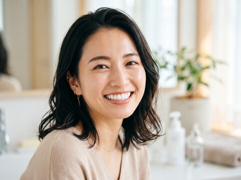 Happy young asian woman smiling at the camera in a bright and modern home office setting