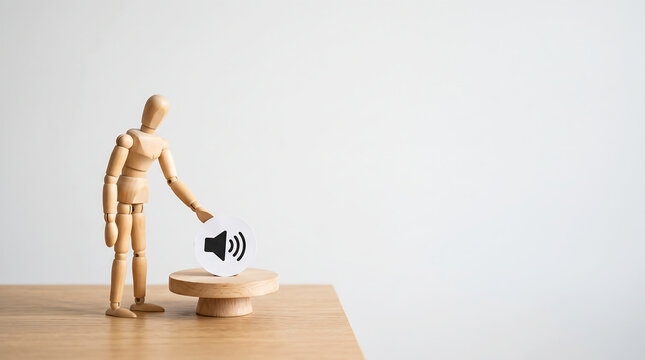 Corporate communication announcement and marketing voice amplification concept with mannequin pointing at speaker icon, copy space for public relations banner