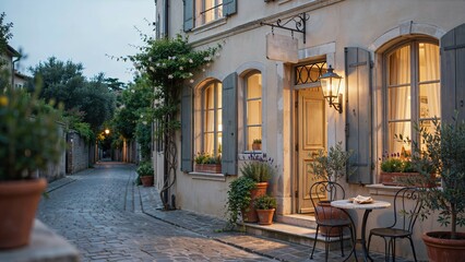 Fototapeta premium European village street features a charming stone building with outdoor seating and lush greenery at dusk time.