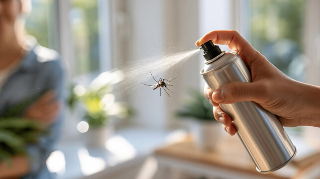 Close up of a hand spraying insecticide toward a mosquito inside a bright home interior faceless hands only framing clean white wall background pest control insect spray