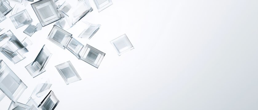 Floating glass squares in a white background create a soft and modern design