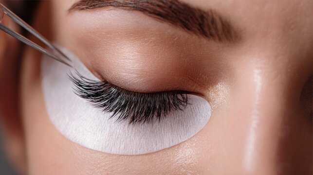 Close-up macro shot of a professional beauty master applying fake eyelashes extensions with tweezers on a young woman with closed eye in a salon