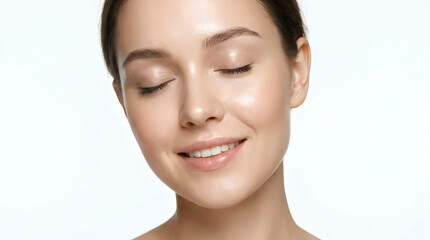 Obraz premium Young Woman With Natural Glowing Skin And Eyes Closed Enjoying Beauty Care Routine