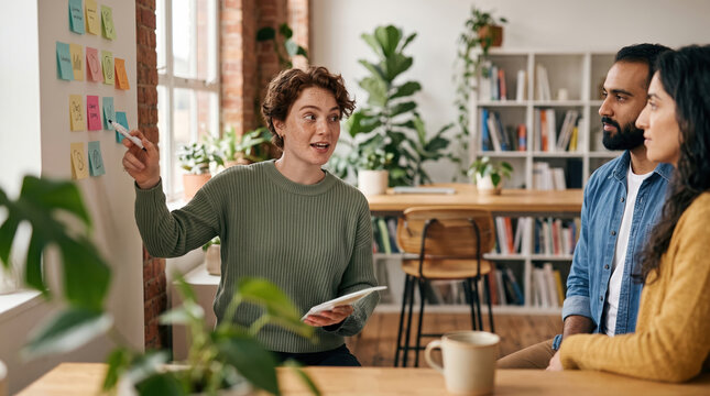Woman leads planning session with sticky notes in office