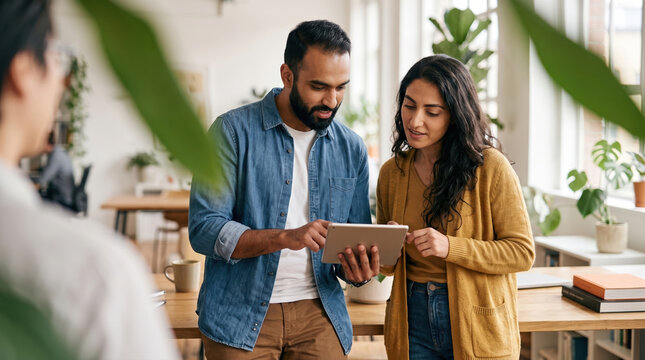 South Asian coworkers sharing ideas on a tablet in office