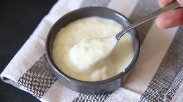 Sweet rice porridge healthy breakfast, vanilla dessert food preparation tasty snack fresh and delicious gourmet food background on the table rustic food top view copy space