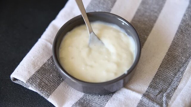 Sweet rice porridge healthy breakfast, vanilla dessert food preparation tasty snack fresh and delicious gourmet food background on the table rustic food top view copy space