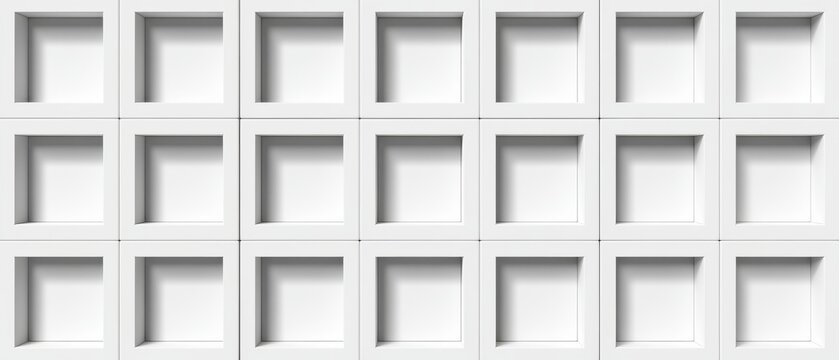 Wall structure with empty square frames arranged in a grid pattern inside a building