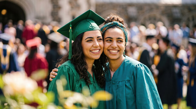 Two graduates hugging and smiling at outdoor ceremony