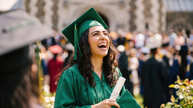 Happy graduate holding diploma at outdoor ceremony crowd