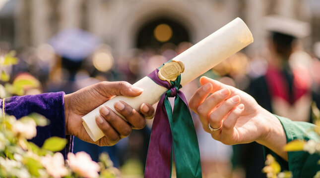 Graduation diploma handover with ribbon in campus crowd