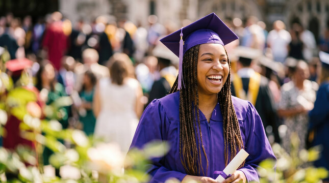 Smiling graduate in purple cap and gown at ceremony