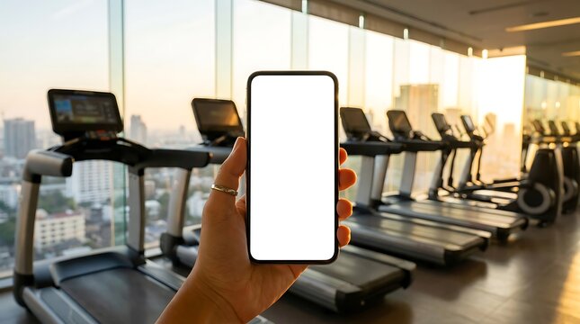 Hand holding smartphone with blank screen in a modern gym with city view at sunset