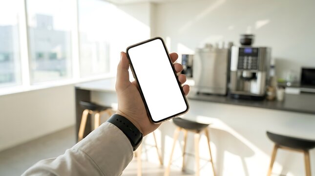 Hand holding smartphone with blank screen in a modern office kitchen mobile phone