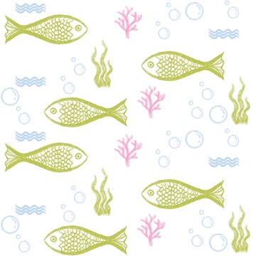 Pastel green fish seamless pattern with dopamine colorful waves, corals, blue water bubbles, a playful underwater design for children's textiles, nursery wallpaper and wrapping paper