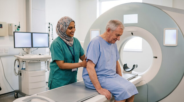 Nurse Helping Patient After CT Scan