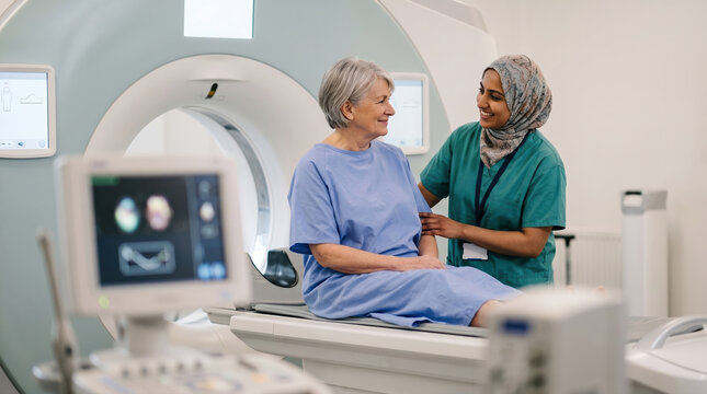 Nurse Helping Patient After CT Scan