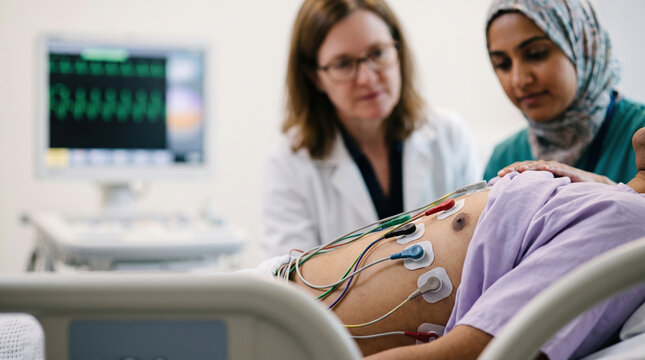 ECG electrodes on patient skin during hospital monitoring
