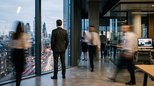 Still Figure at Window in Moving Office