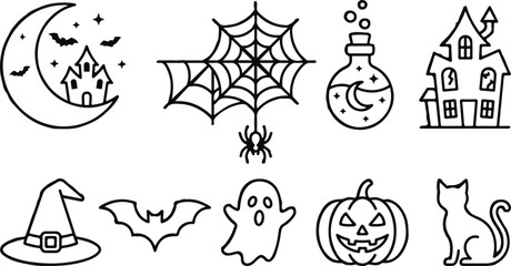 Naklejka premium Set of hand drawn halloween icons featuring haunted house spider web potion pumpkin ghost bat and black cat