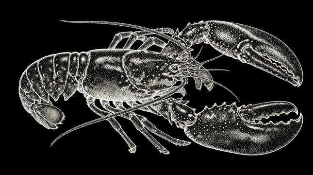 Detailed illustration of a lobster on black. White shading and texture define crustacean. Features include segmented body, large claws, and antennae. Perfect for culinary or marine themes.